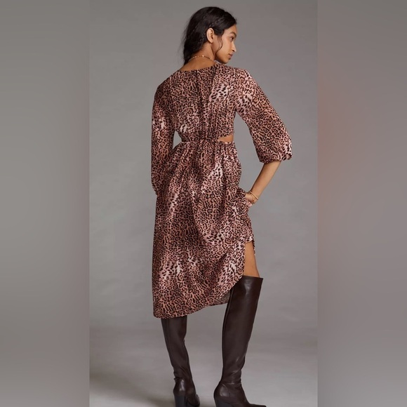 ANTHROPOLOGIE Ranna Gill Leopard Print Midi Dress Puffed Sleeves Size Medium - Picture 3 of 17